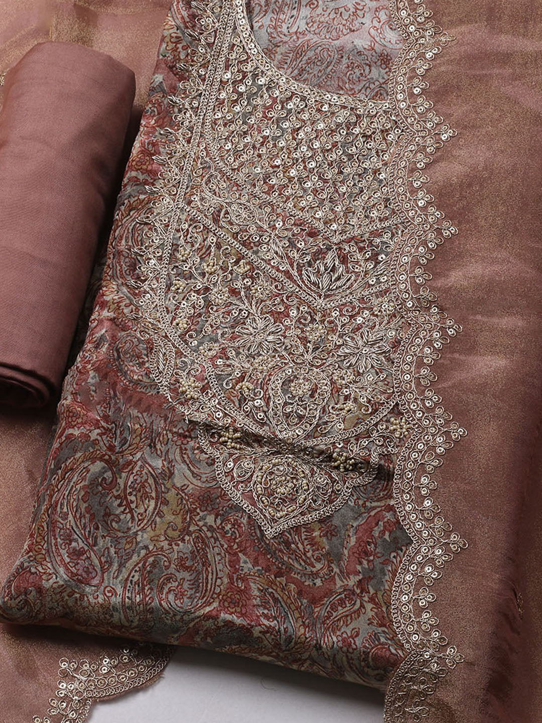 Embroidered Tissue Unstitched Kurta With Pant &amp; Dupatta