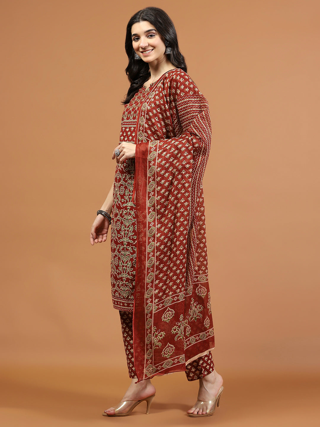 Printed Cotton Blend Kurta With Pants &amp; Dupatta