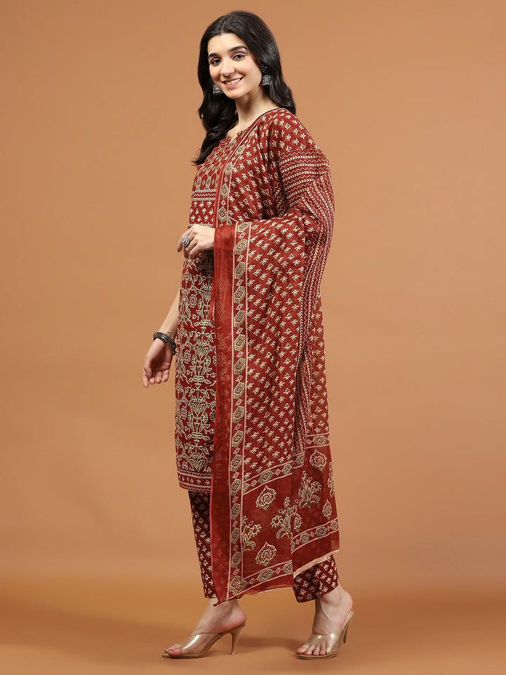 Printed Cotton Blend Kurta With Pants &amp; Dupatta