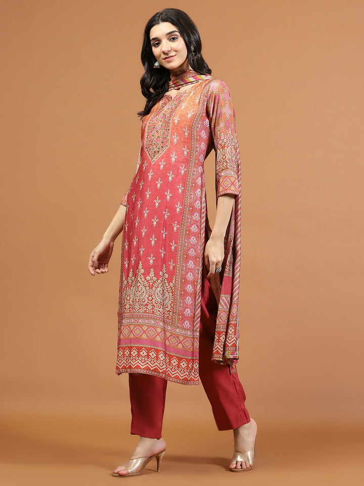 Neck Embroidered Muslin Kurta With Pants &amp; Dupatta