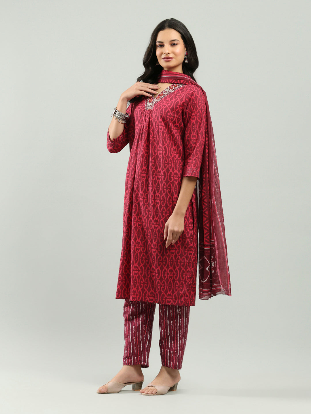 Printed Cotton Blend Kurta With Pants &amp; Dupatta