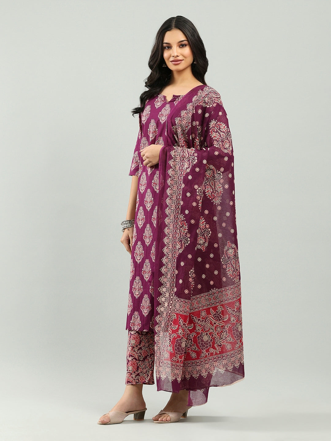 Printed Cotton Blend Kurta With Pants &amp; Dupatta