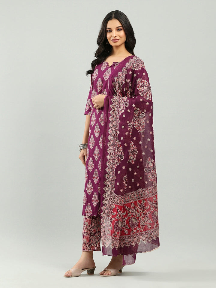Printed Cotton Blend Kurta With Pants &amp; Dupatta