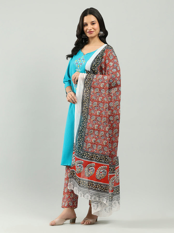 Printed Cotton Blend Kurta With Pants &amp; Dupatta