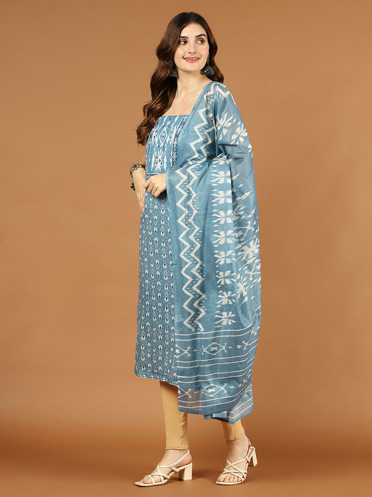 Neck Patti Printed Cotton Unstitched Suit Piece With Dupatta