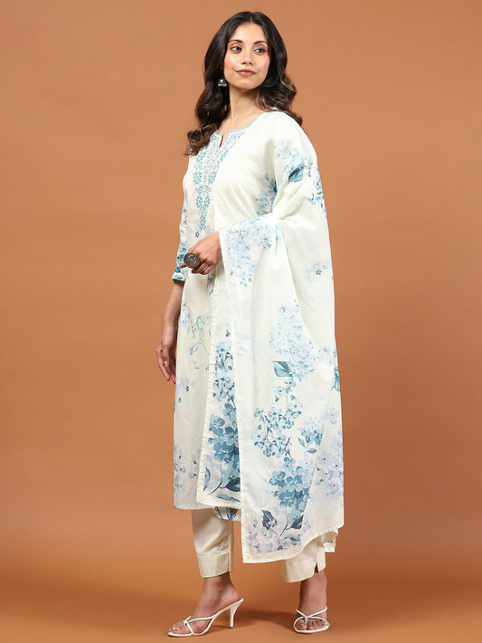 Printed Cotton Blend Kurta With Pants & Dupatta