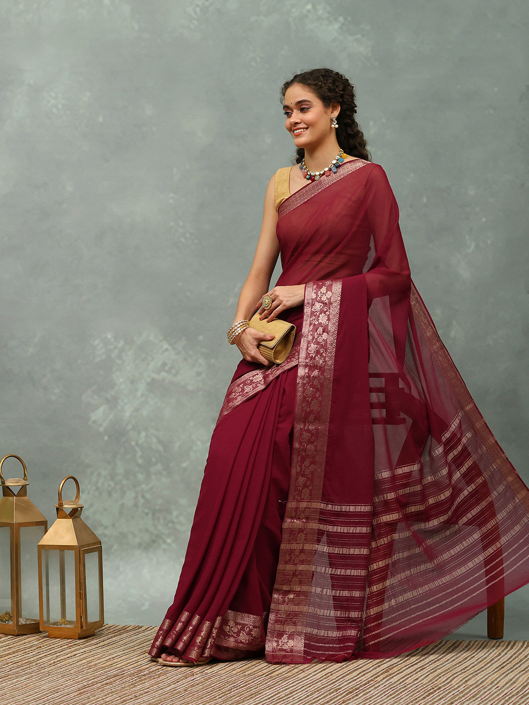 Woven Border Chiffon Woven Saree