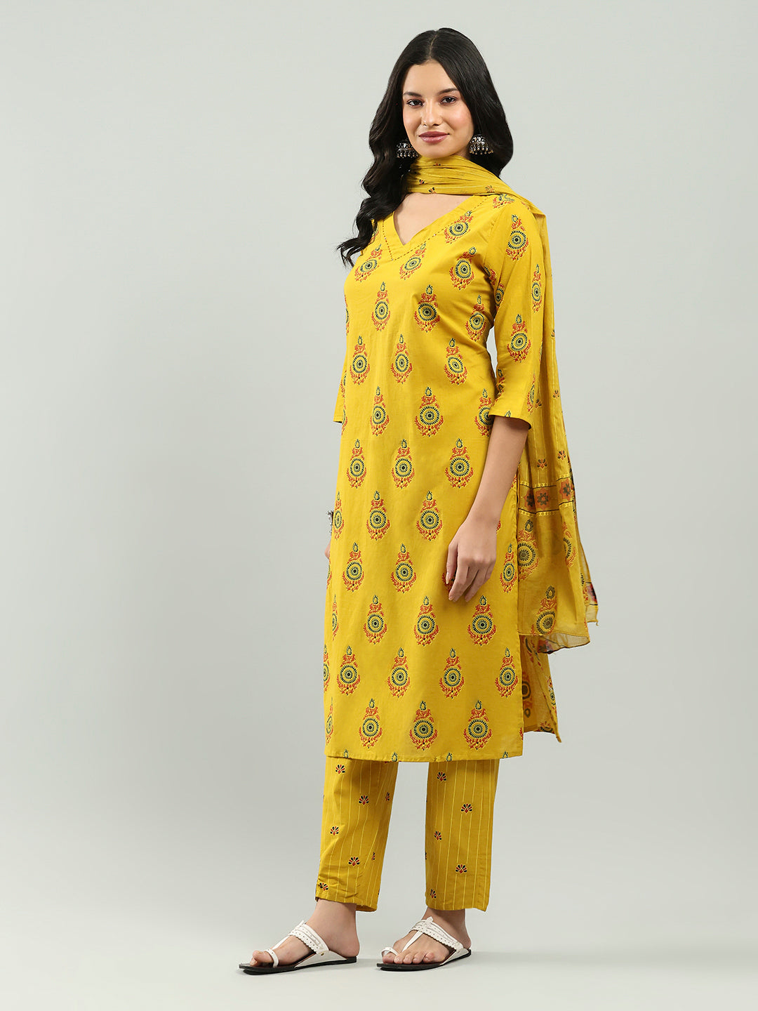 Printed Cotton Blend Kurta With Pants &amp; Dupatta