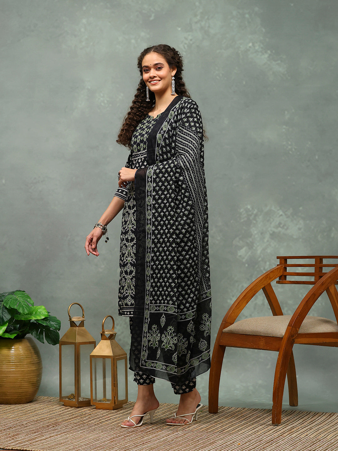 Printed Cotton Blend Kurta With Pants &amp; Dupatta