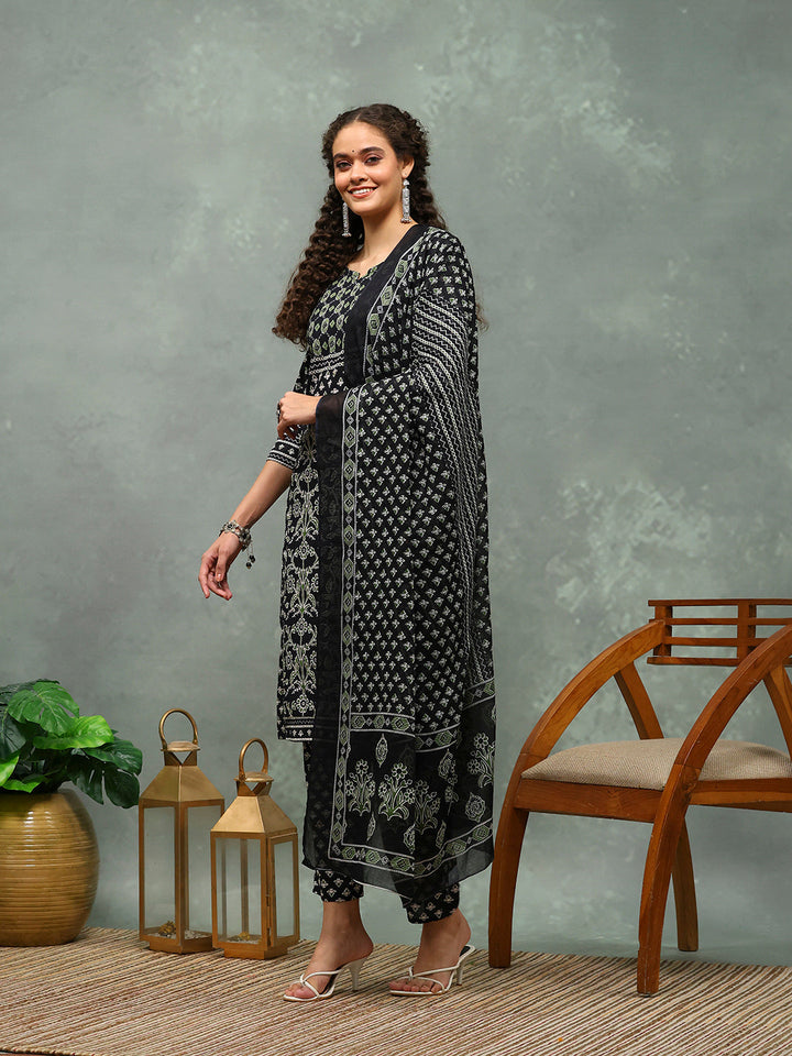 Printed Cotton Blend Kurta With Pants &amp; Dupatta