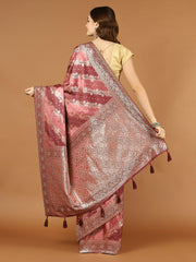 Stone Work Satin Embroidery Saree