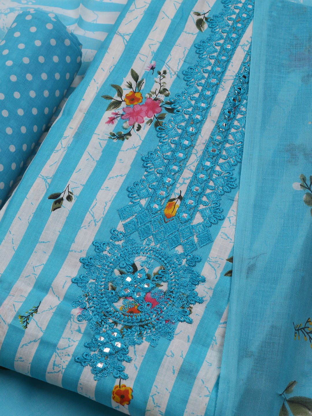 Patch Neck Cotton Blend Unstitched Suit With Dupatta