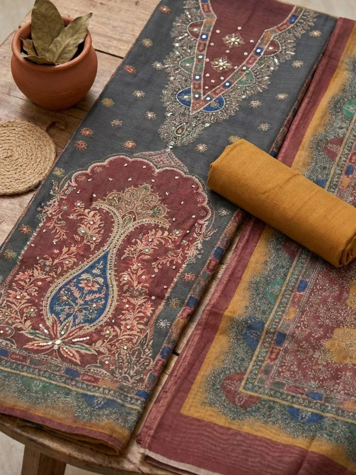 Printed Chanderi Unstitched Suit With Pant &amp; Dupatta