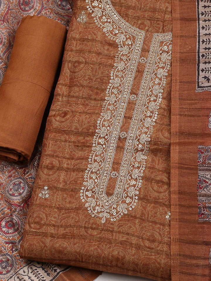 Embroidered Art Silk Unstitched Suit With Dupatta