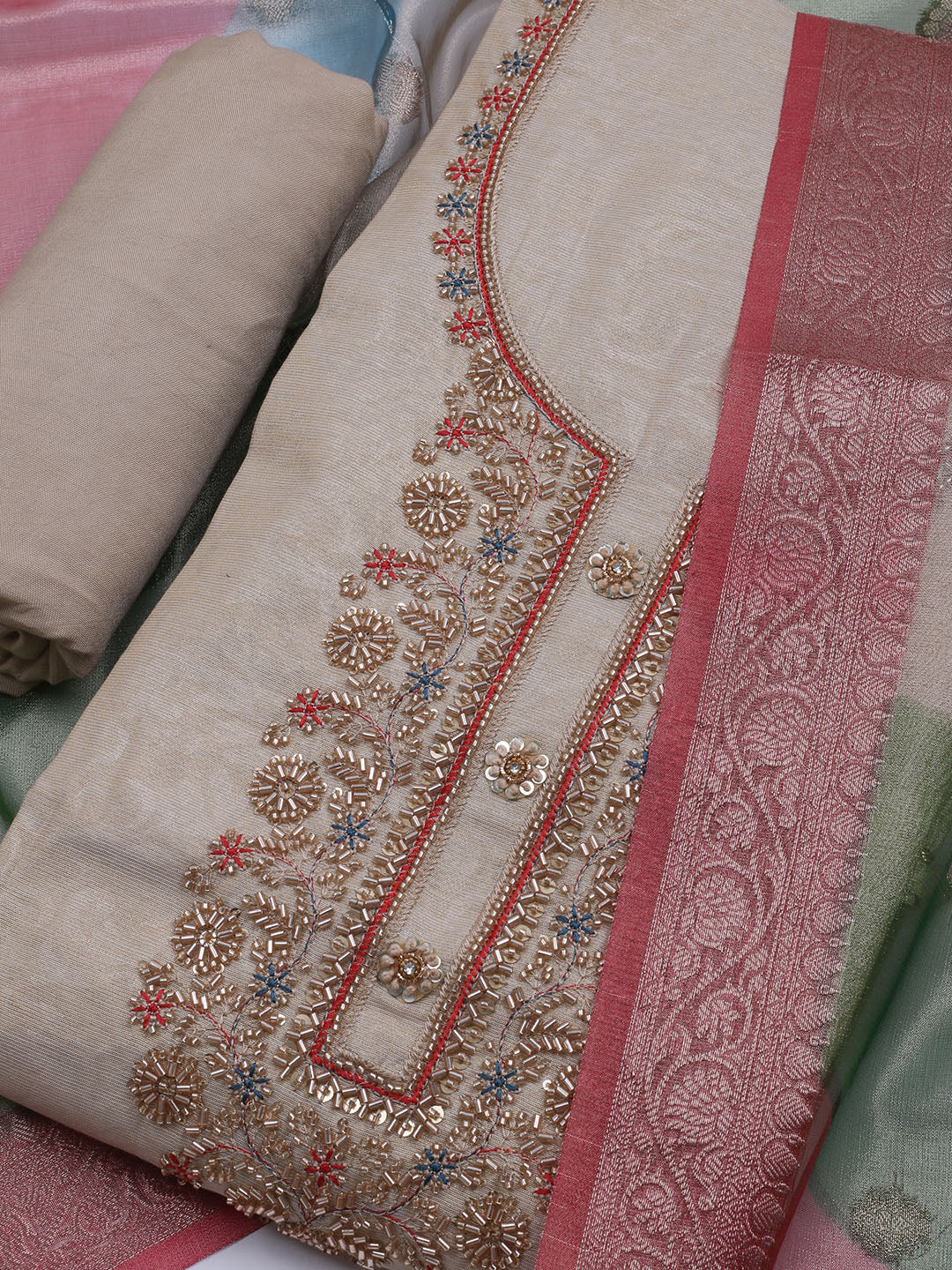 Neck Embroidered Tissue Unstitched Suit With Dupatta