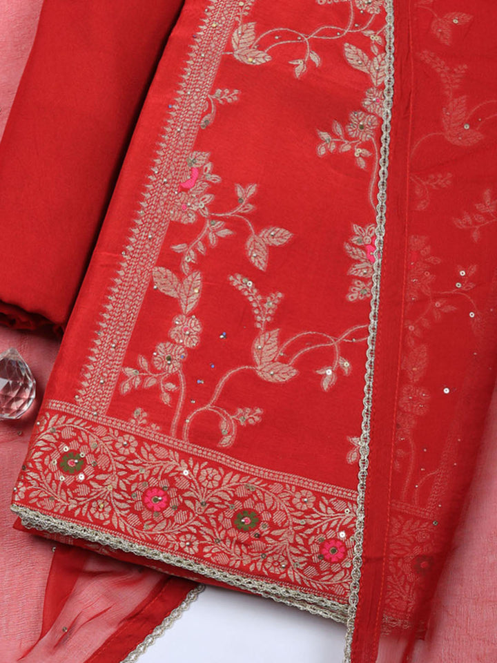 Woven Design Chanderi Unstitched Suit With Pant &amp; Dupatta