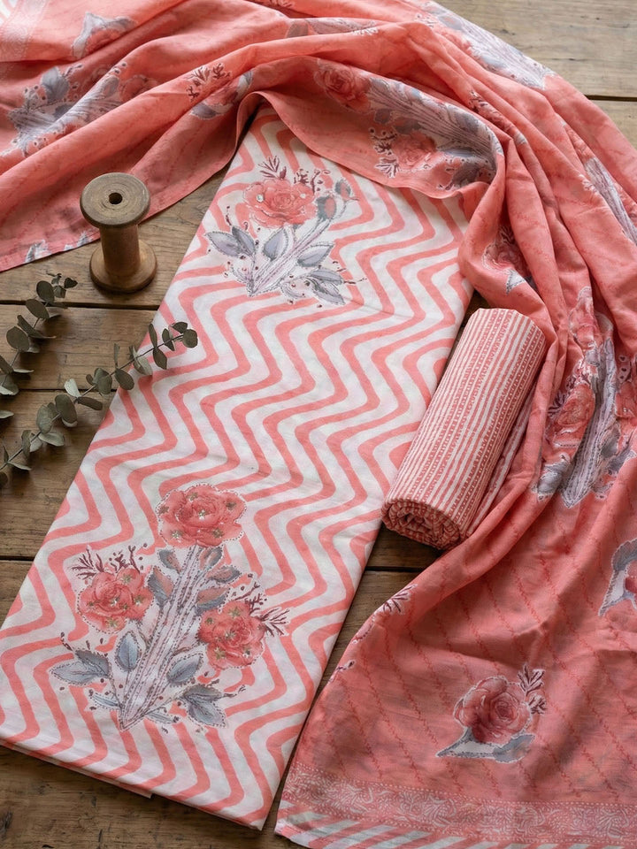 Printed Cotton Blend Unstitched Suit With Pant &amp; Dupatta