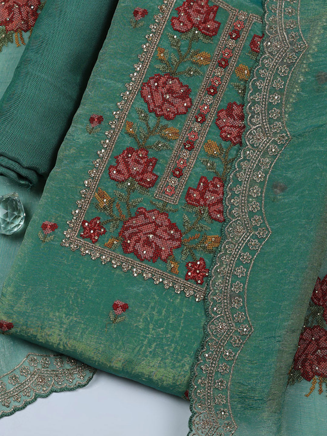 Embroidered Tissue Unstitched Suit With Pant &amp; Dupatta