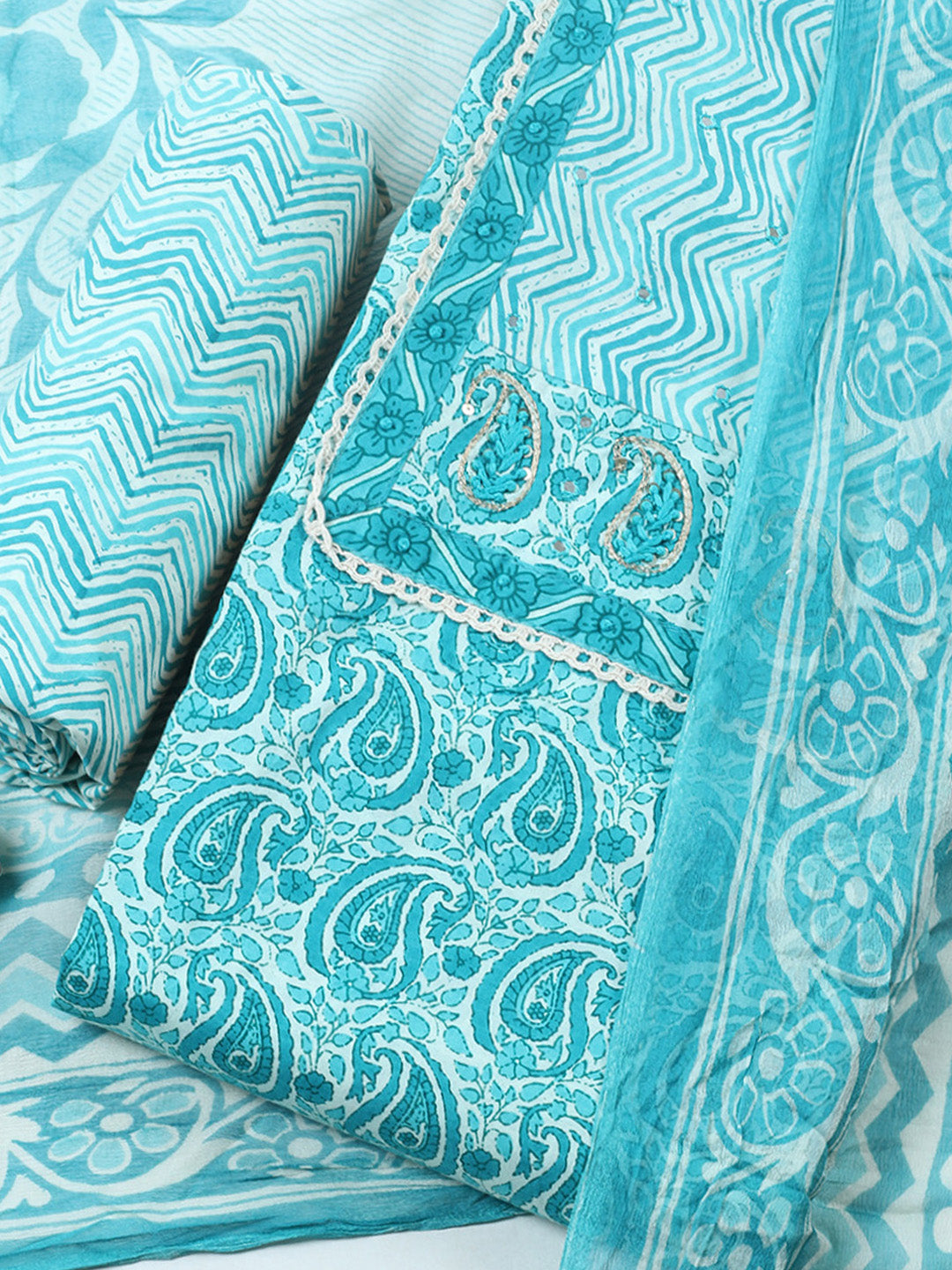Embroidered Cotton Blend Unstitched Suit With Pant &amp; Dupatta