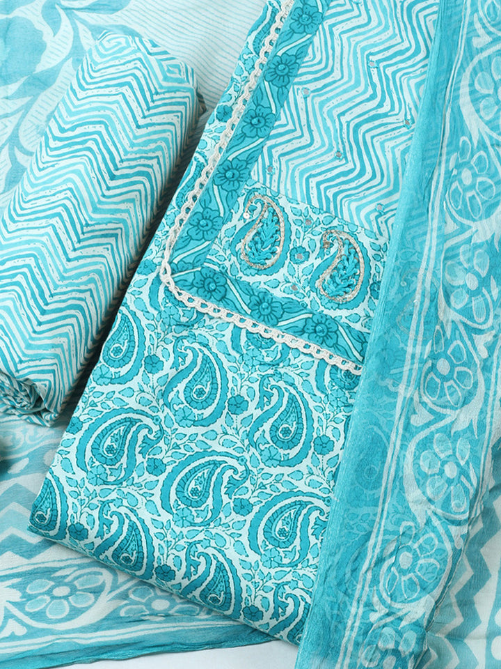 Embroidered Cotton Blend Unstitched Suit With Pant &amp; Dupatta
