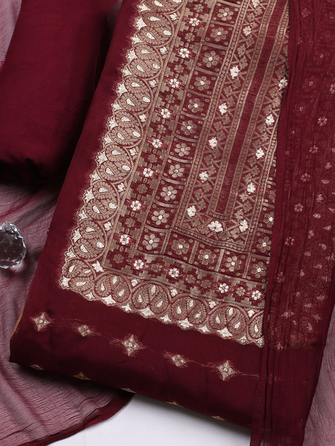 Woven Design Chanderi Unstitched Suit With Pant &amp; Dupatta