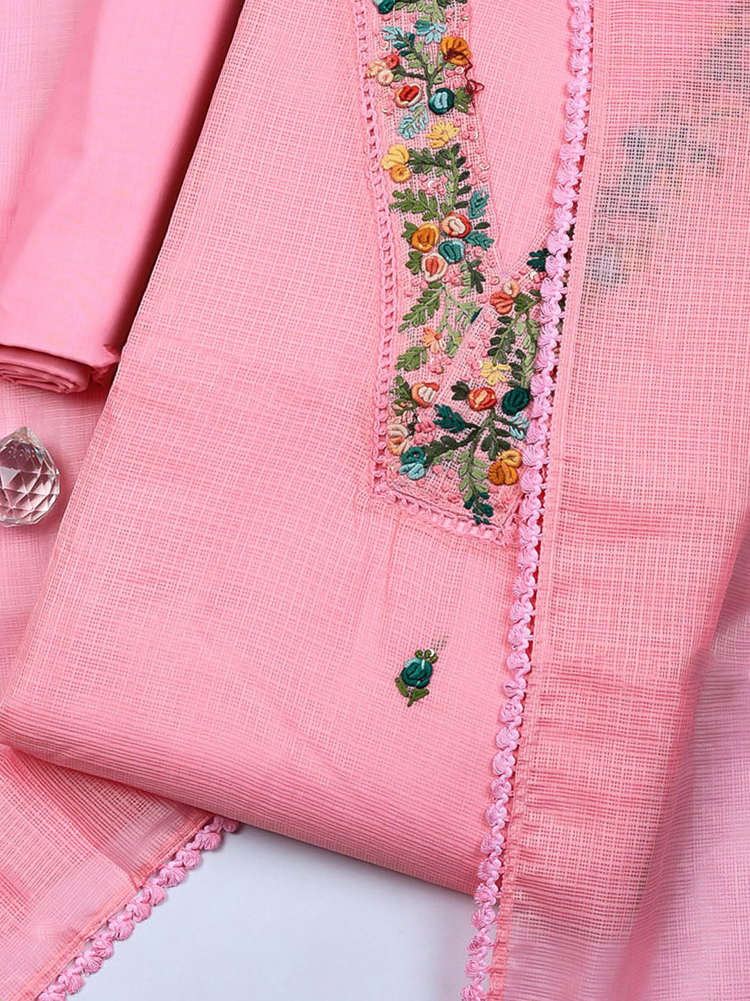 Embroidered Cotton Blend Unstitched Suit With Pant &amp; Dupatta