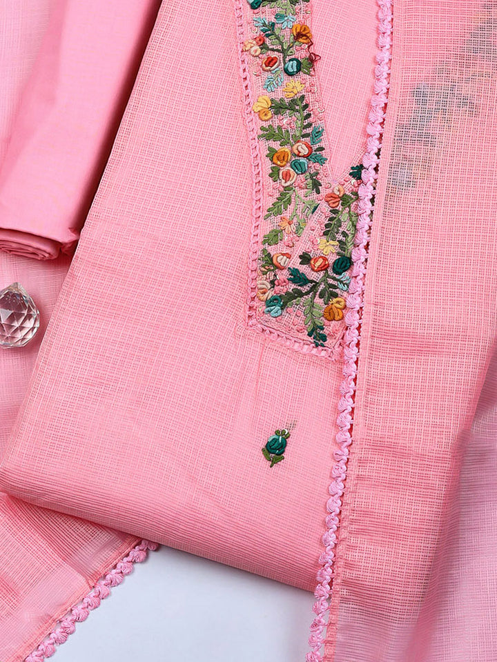 Embroidered Cotton Blend Unstitched Suit With Pant &amp; Dupatta