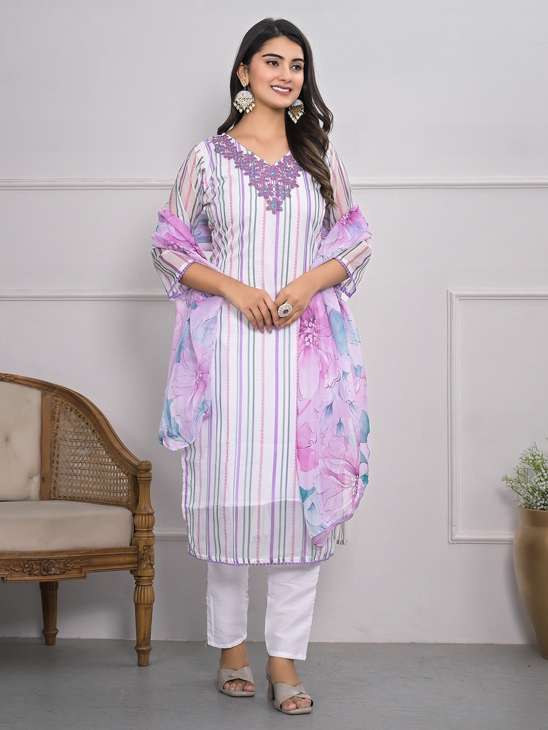 Neck Embroidered Georgette Kurta With Pants &amp; Dupatta