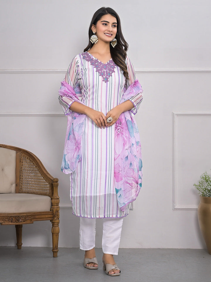 Neck Embroidered Georgette Kurta With Pants &amp; Dupatta