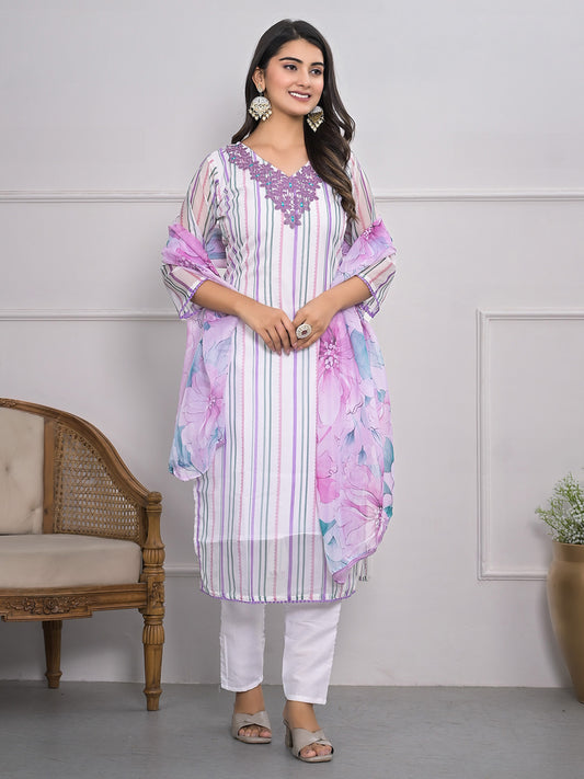 Neck Embroidered Georgette Kurta With Pants & Dupatta