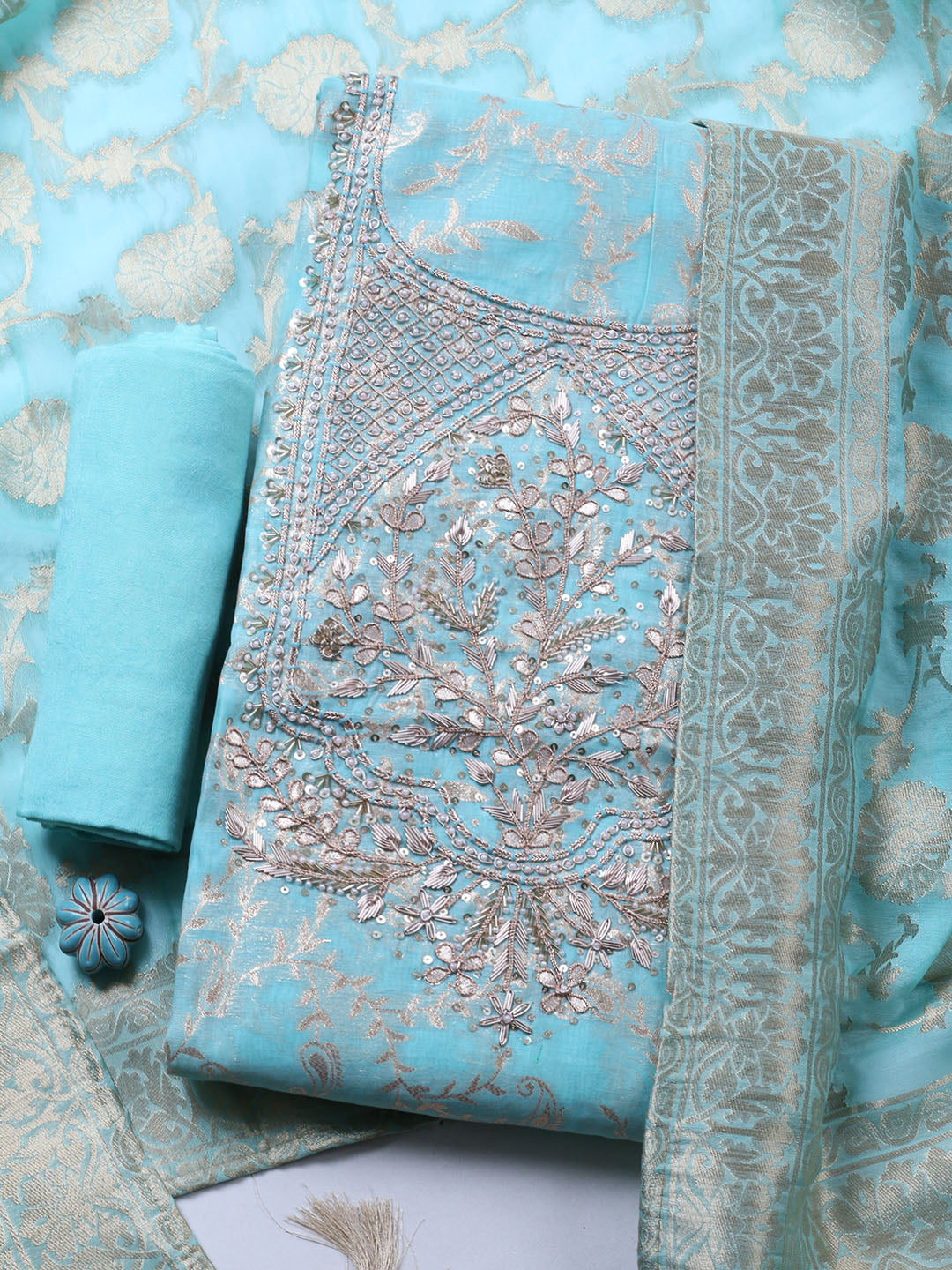 Embroidered Chanderi Unstitched Suit With Pant &amp; Dupatta