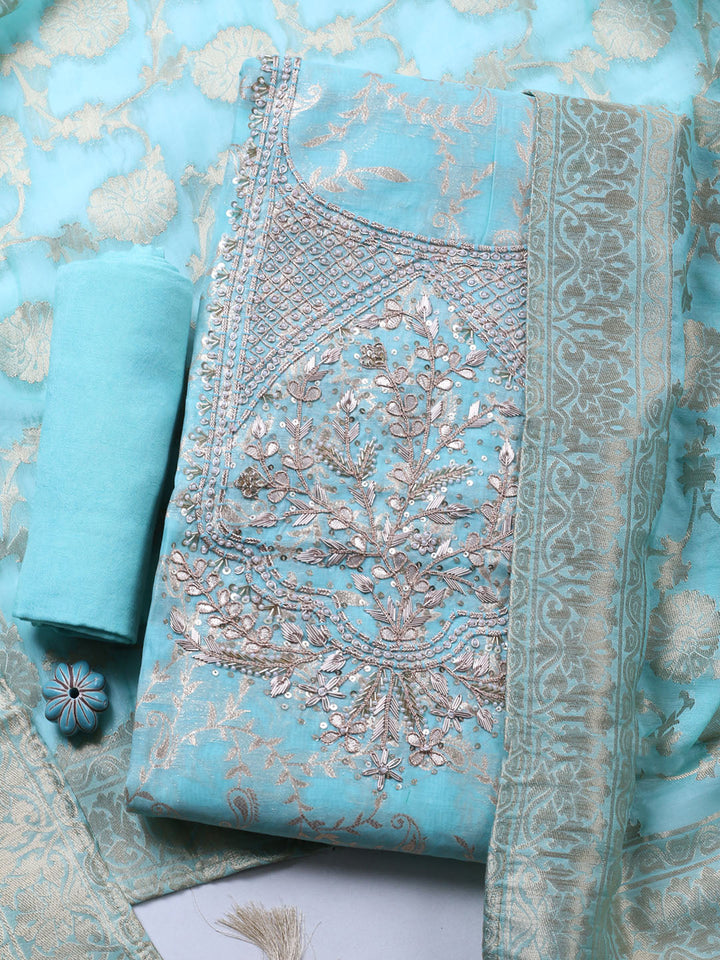Embroidered Chanderi Unstitched Suit With Pant &amp; Dupatta