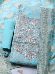 Embroidered Chanderi Unstitched Suit With Pant & Dupatta