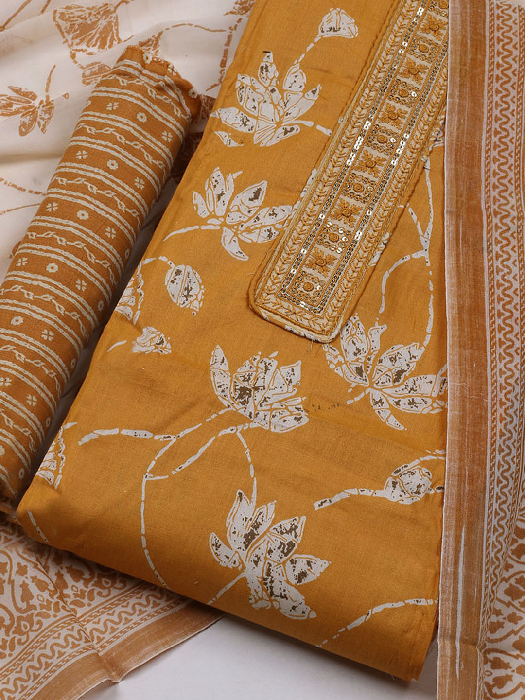 Printed Cotton Blend Unstitched Suit With Dupatta