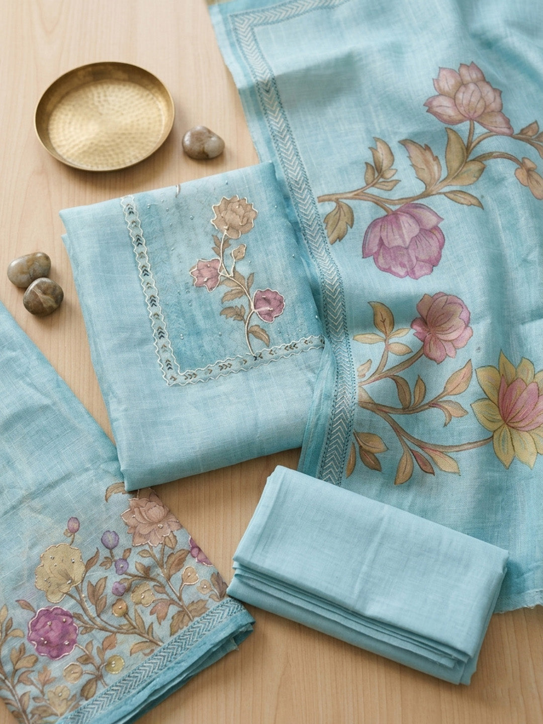 Embroidered Linen Blend Unstitched Suit With Pant &amp; Dupatta