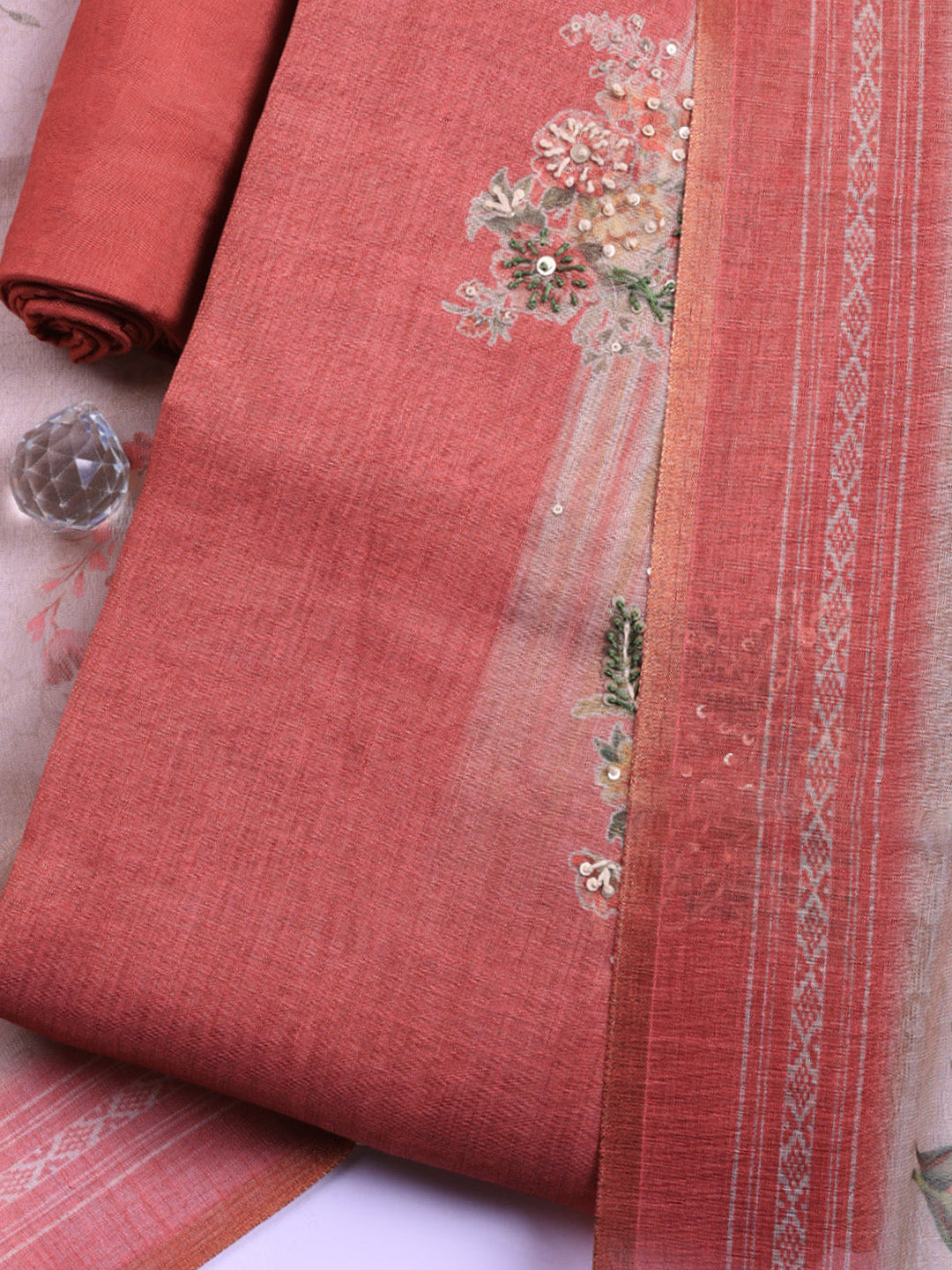 Printed Linen Blend Unstitched Suit With Pant &amp; Dupatta