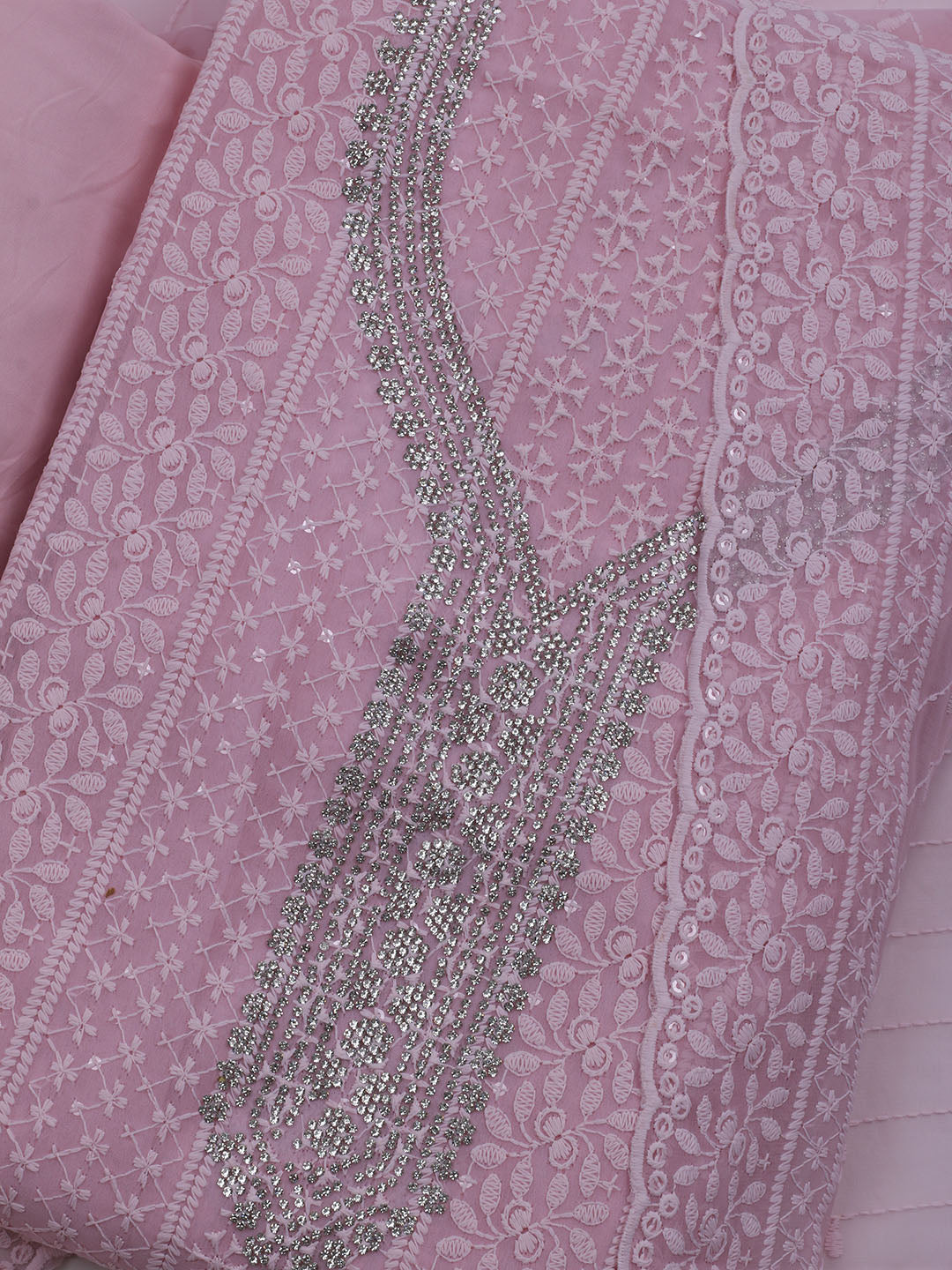 Chikan Work Georgette Unstitched Suit With Dupatta