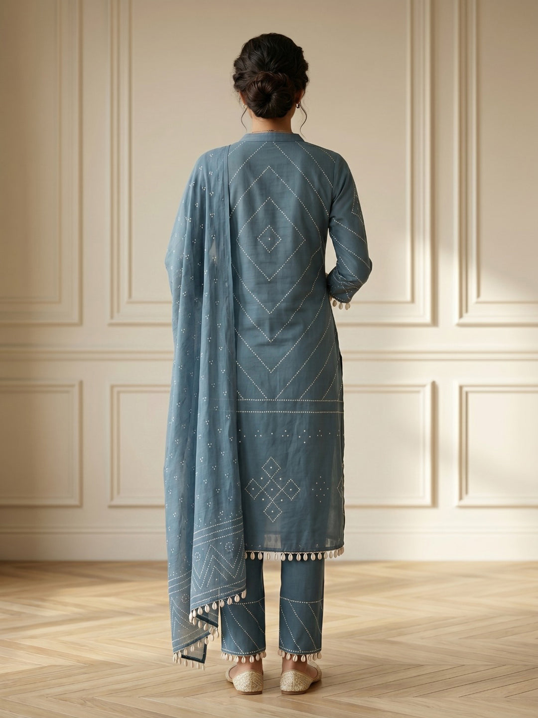 Blue Embroidered Cotton Blend Straight V Neck Suit Set