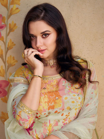 Embroidered Sequin Chinnon Silk Kurta With Palazzo And Dupatta