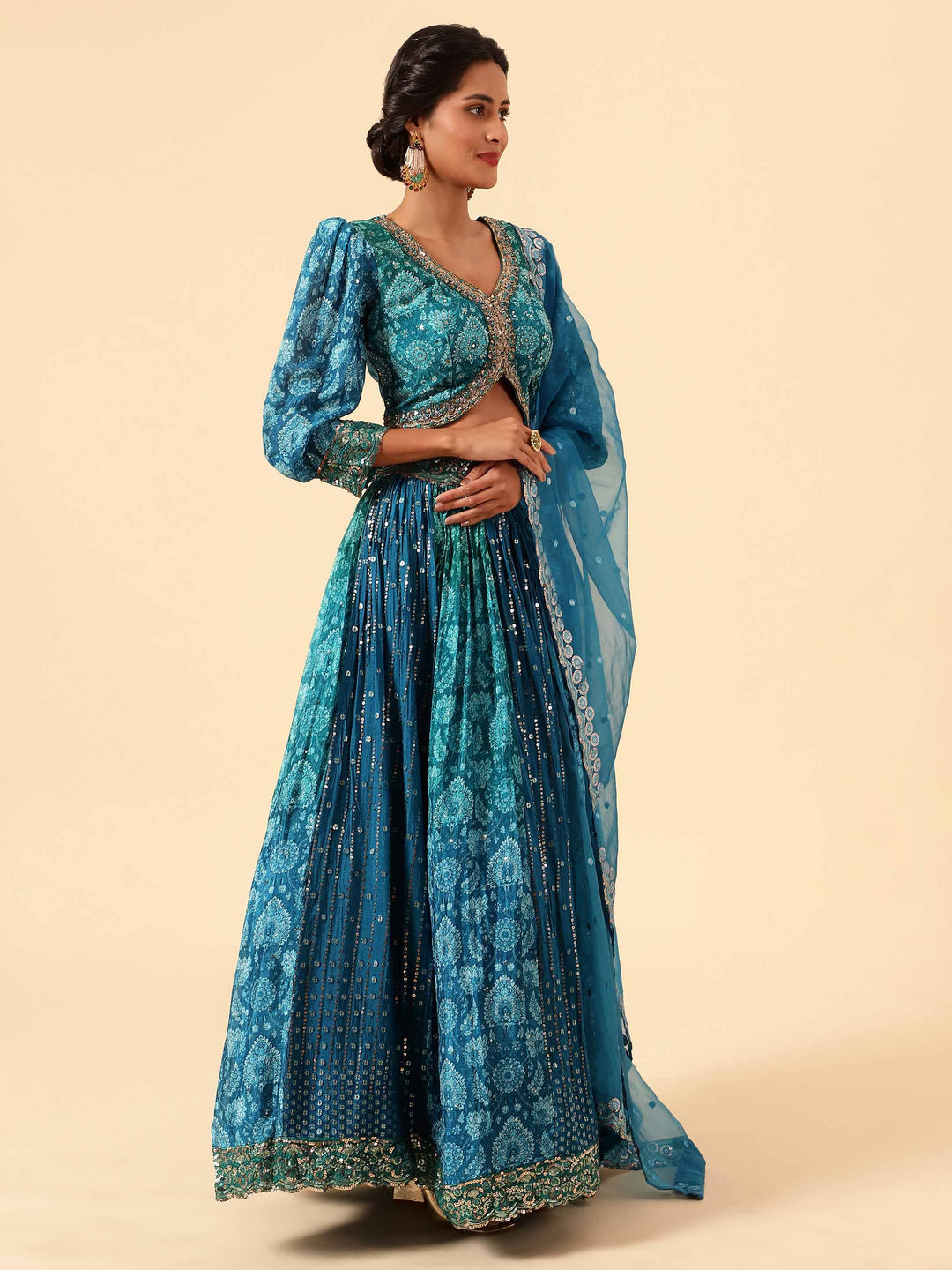 Sequin Embroidered Crepe Choli With Lehenga &amp; Dupatta