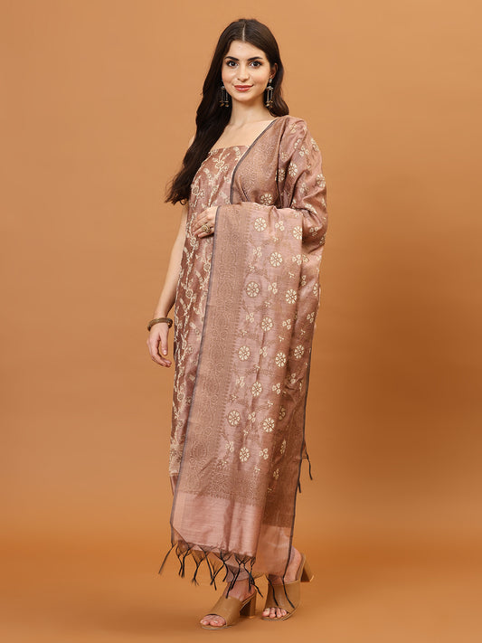 Woven Banarasi Chanderi Unstitched Suit With Dupatta