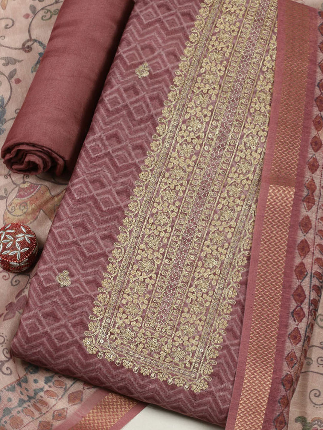 Embroidered Chanderi Unstitched Suit With Pant &amp; Dupatta