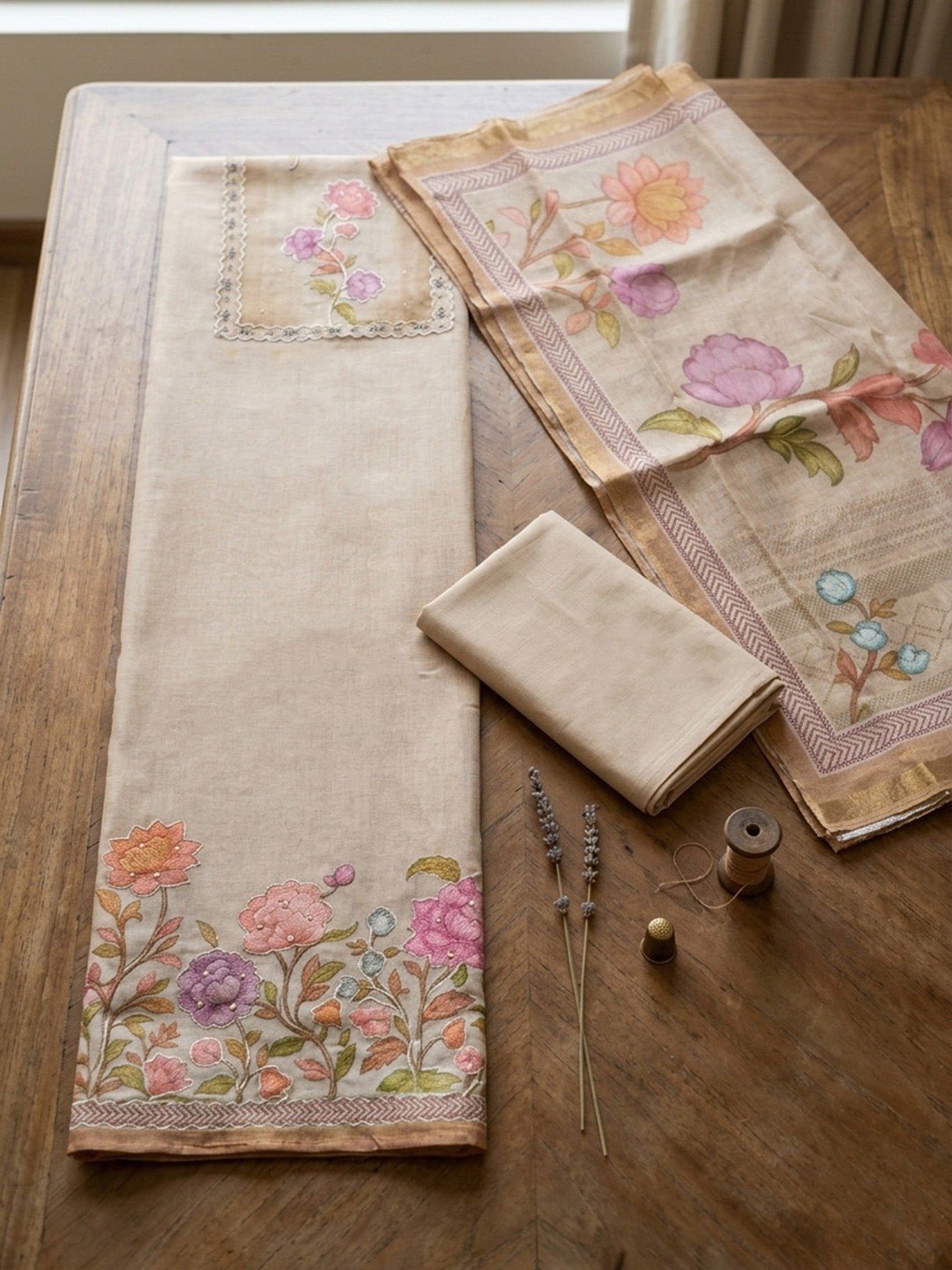 Embroidered Linen Blend Unstitched Suit With Pant &amp; Dupatta