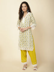 Printed & Panel Embroidery Cotton Kurta With Pants