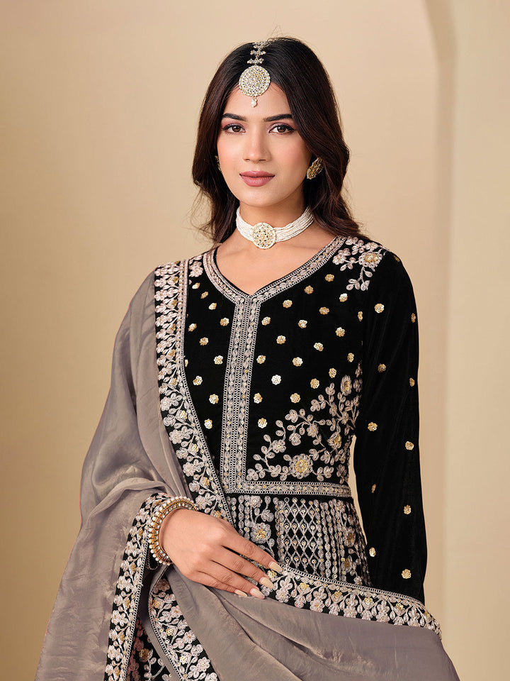 Embroidered Velvet Semi Stitched Kurta With Pant &amp; Dupatta