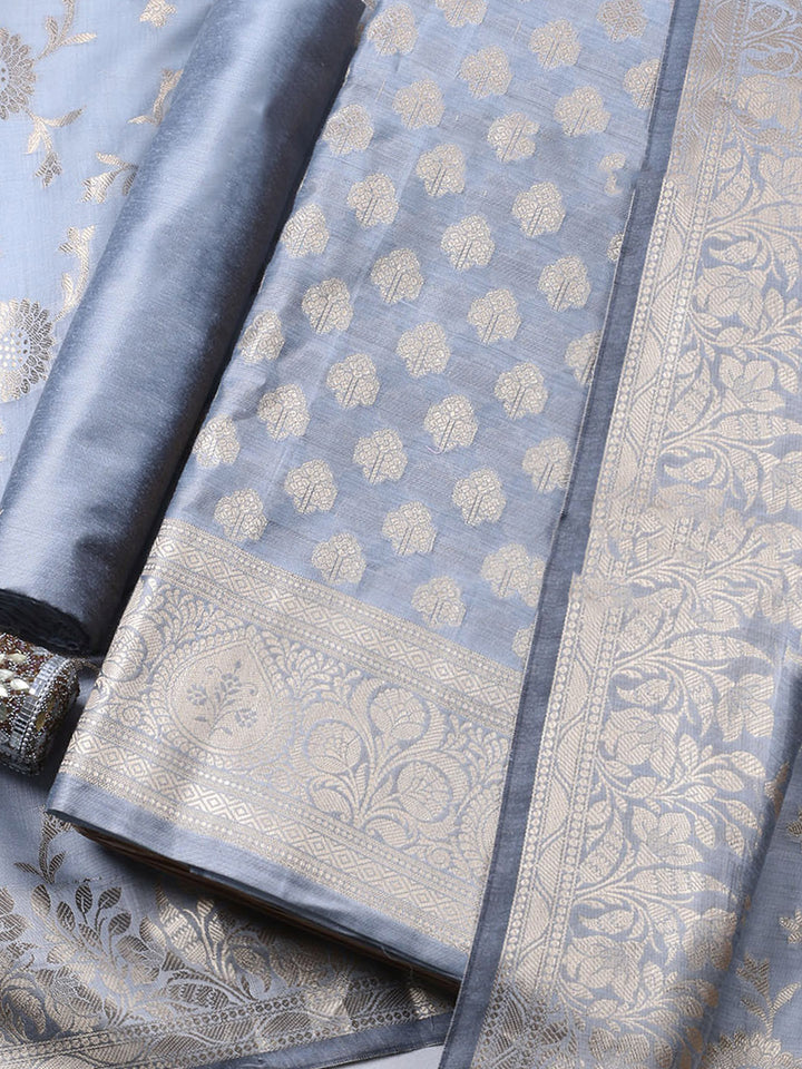 Grey Blue Woven Design Chanderi Unstitched Dress Material