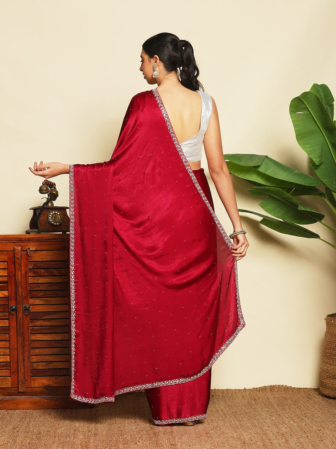 Stone &amp; Mirror Embellished Chinon Saree