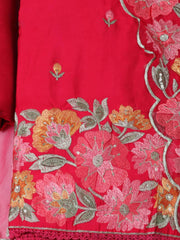 Embroidered Chanderi Rani Unstitched Suit With Pant & Dupatta