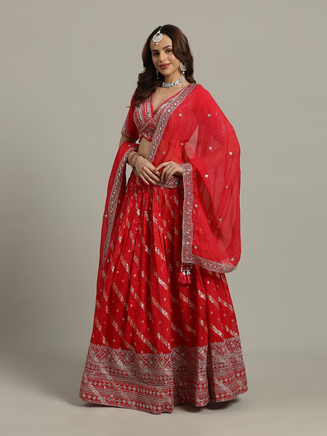 Embroidered Banarasi Choli With Lehenga &amp; Dupatta