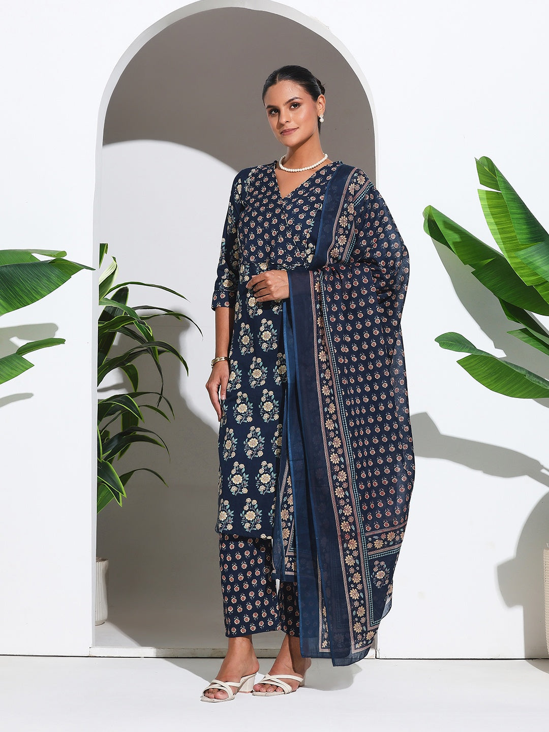 Printed Cotton Blend Kurta With Pant &amp; Dupatta